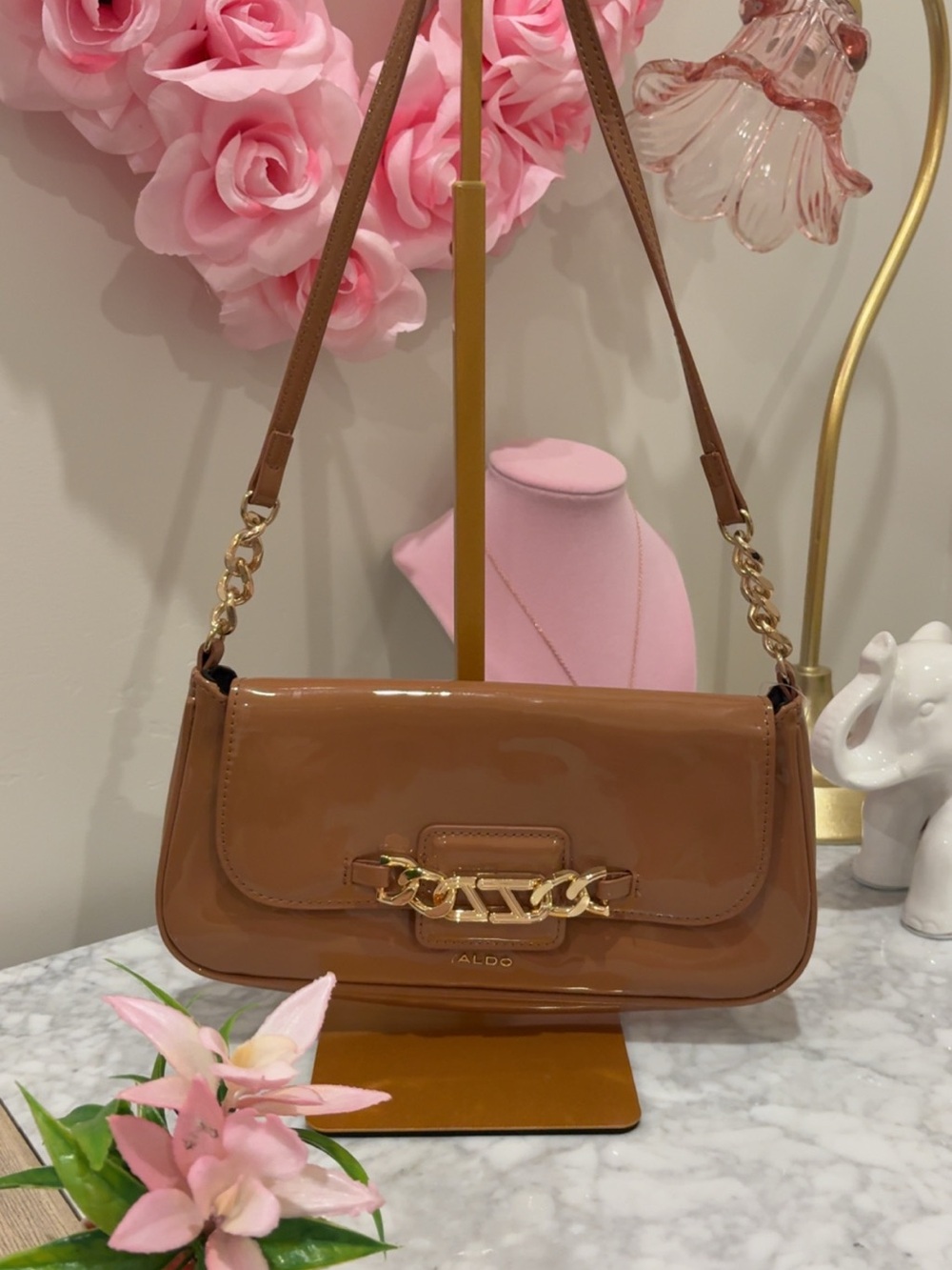 Aldo Brown Patent Shoulder Bag with Gold Chain Trim